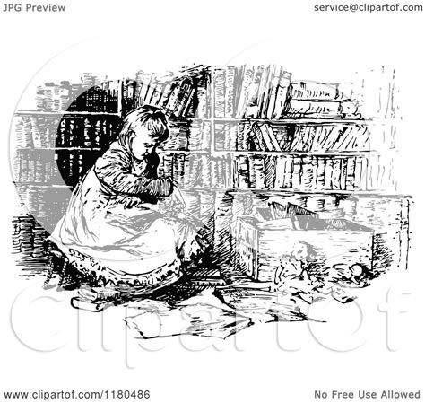 Clipart Of A Retro Vintage Black And White Girl Reading In A Library