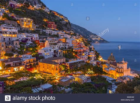 Night View Of Positano Village At Amalfi Coast Italy