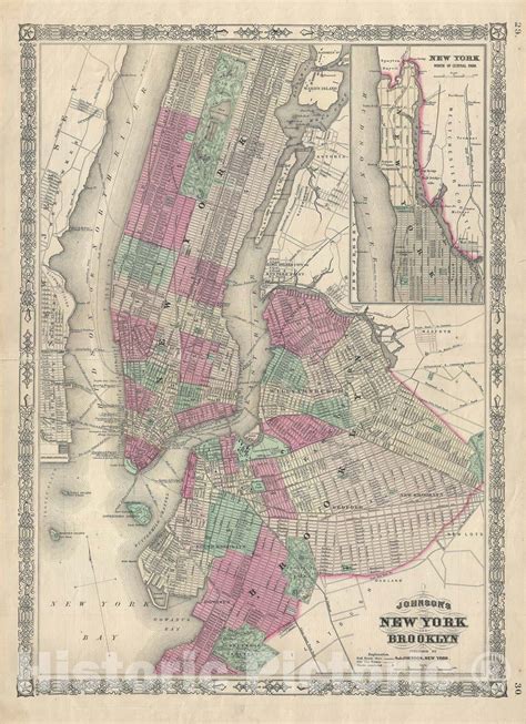 Historic Map New York City And Brooklyn Johnson 1866 V1 Vintage W