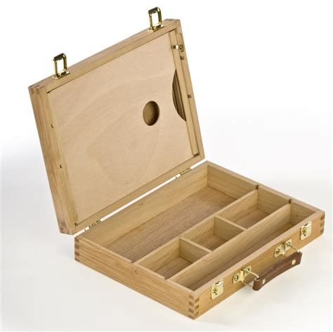 Wood Art Box With 6 Compartments Art Palette Holder And Leather Handle Natural Wooden