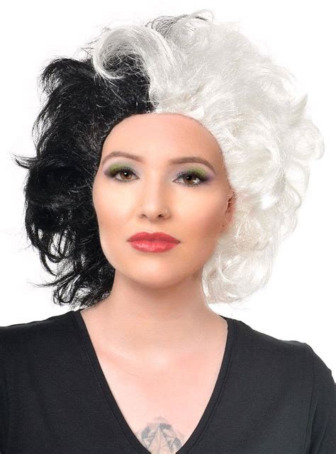 new cruella de vil cosplay wig half white black synthetic short wavy wigs with bangs for women