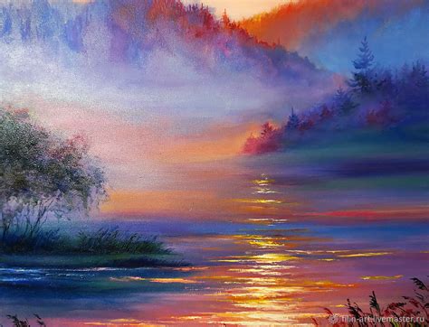 Landscape Oil Painting On Canvas Sunset In The Fog купить на