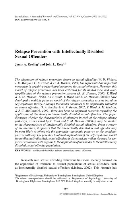 Pdf Relapse Prevention With Intellectually Disabled Sexual Offenders