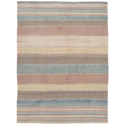 Striped Colorful Modern Flat Weave Kilim Room Size Wool Rug For Sale At