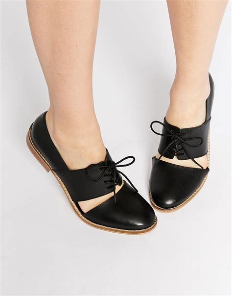 Asos Marcie Leather Wide Fit Flat Shoes In Black Lyst
