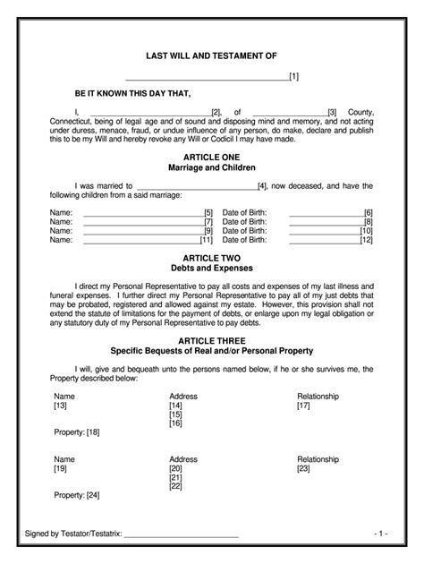 Last Will And Testament Template Connecticut Fill Online Printable