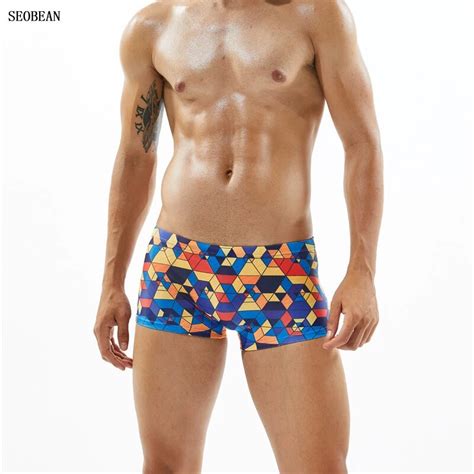 seobean swimwear men beach board swimming shorts briefs sexy geometric diamond print swimsuit