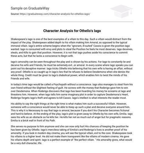 Character Analysis For Othello S Iago Essay Example Graduateway