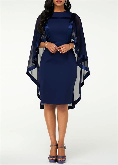 Navy Blue Chiffon Overlay Cape Sleeve Dress Usd 3445