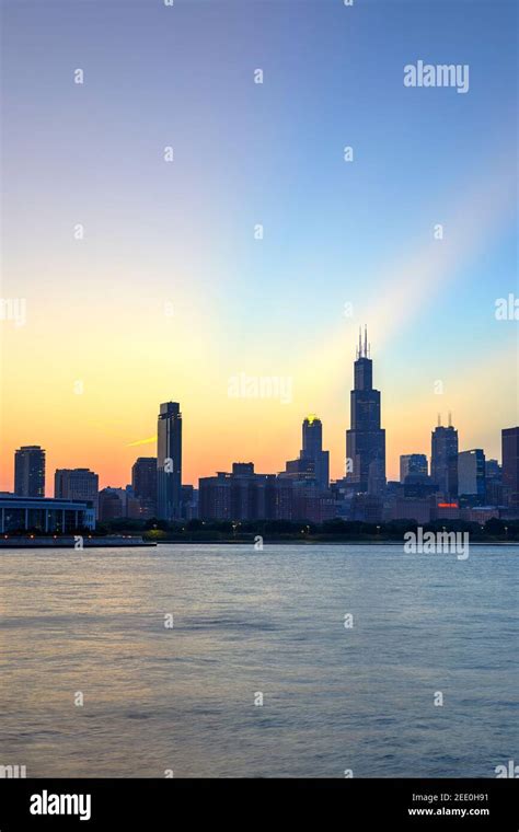 Chicago Skyline At Sunset Chicago Illinois United States Stock Photo