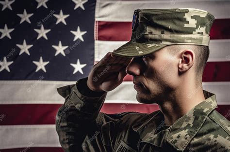 Soldado Saludando Frente A Una Bandera Foto Premium