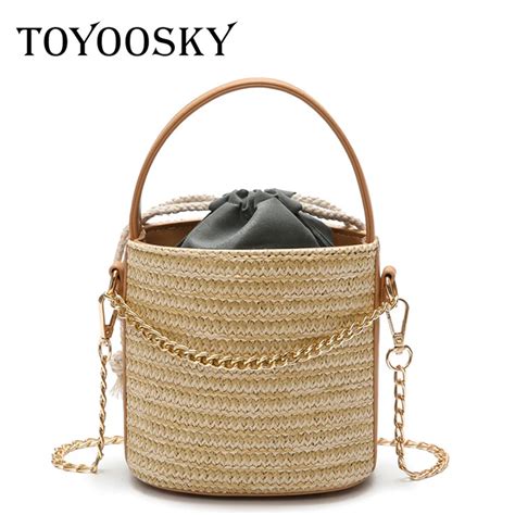 Toyoosky Japan Style Bucket Cylindrical Straw Bags Chain Woven Women