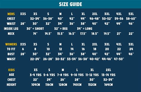 Corporate Togs Size Guide For Personalised Clothing