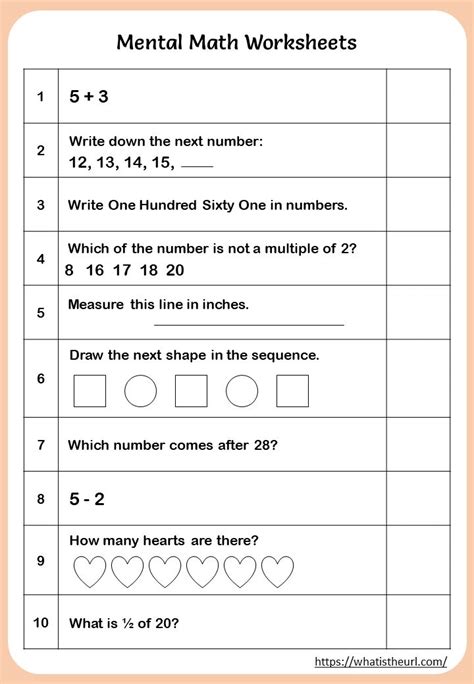 Printable Mental Math Worksheets For 1st Grade Mental Maths Addition