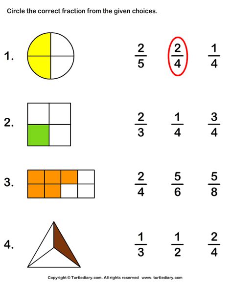 Circle Correct Fraction Representing Shaded Part Worksheet