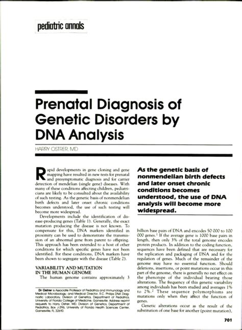 Prenatal Diagnosis Of Genetic Disorders By Dna Ana Lysis Pediatric Annals