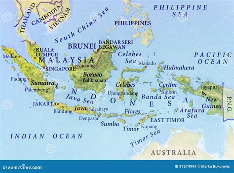 Geographic Map Of Malaysia Brunei And Indonesia With Important Cities