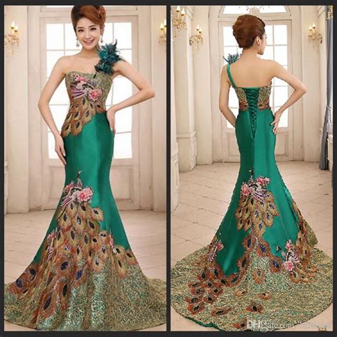 Gorgeous One Shoulder Green Mermaid Evening Dresses Peacock Pattern
