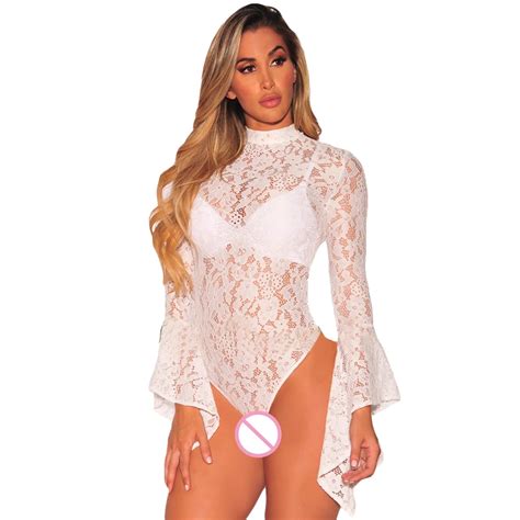 Fashion Sexy Floral Lace Jumpsuit Long Bell Sleeves Turtle Neck Hollow Out Backless Sheer