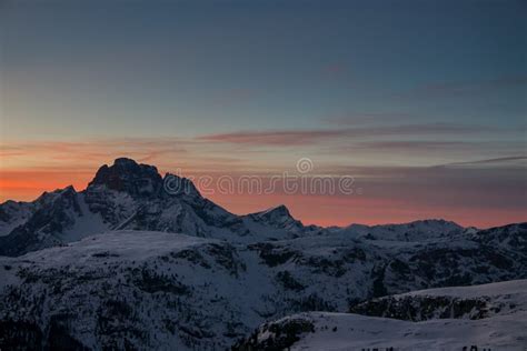 Aerial View Of Vivid Beautiful Sunset Over Winter Alpine Peaks Stock