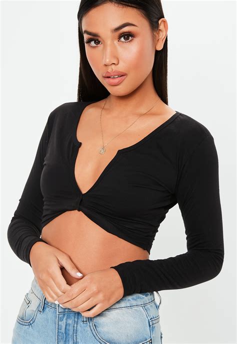 missguided synthetic black twist front long sleeve crop top lyst