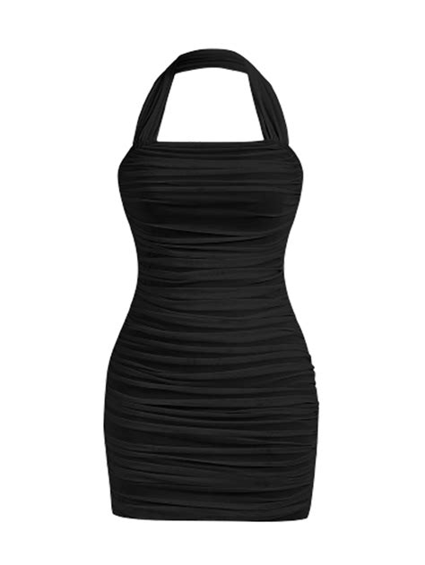 Verdusa Women S Casual Sleeveless Ruched Backless Mesh Halter Pencil Bodycon Mini Dress In 2023