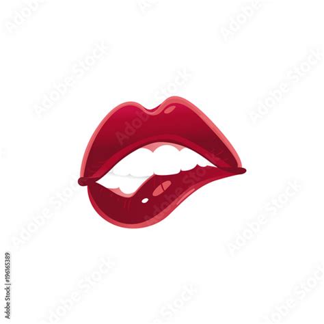 Vector Cartoon Woman Sexy Mouth With White Teeth Biting Lips Red