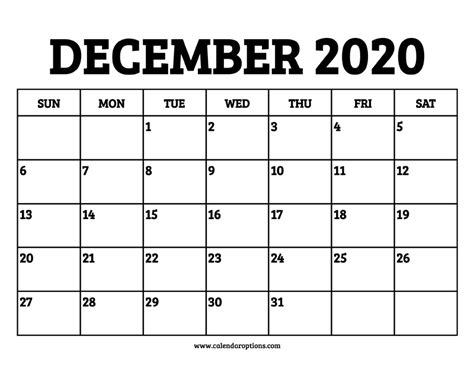 Printable December 2020 Calendar Template Download Now