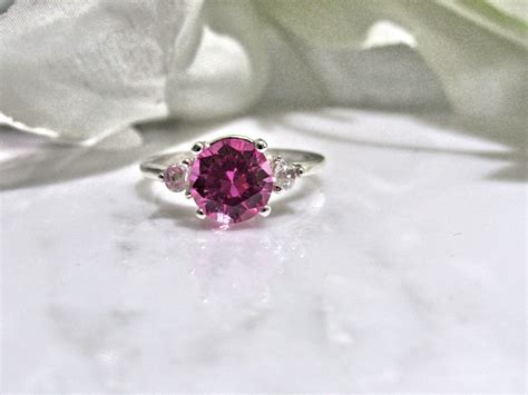 Lab Created Pink Sapphire 2 Carat 8mm 3 Stone Sterling Etsy