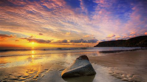 Wallpaper Beach Sunset Sun Sea Cloudy Sky Stone 1920x1200 Hd Picture Image