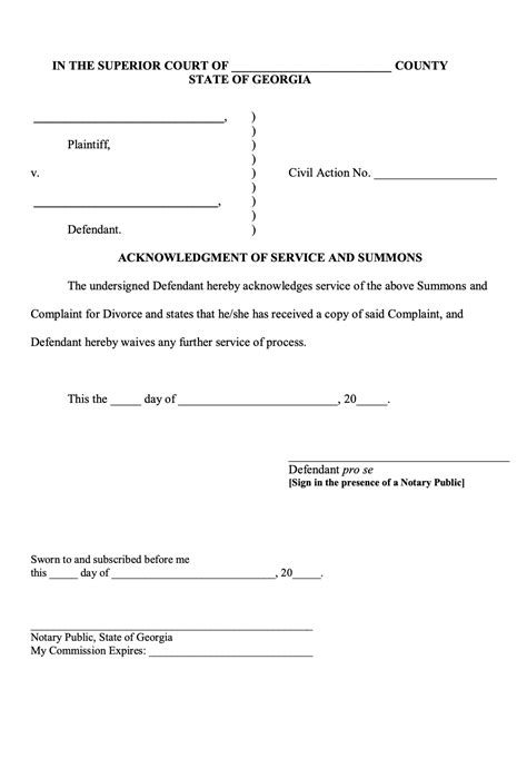 Acknowledgment Of Service And Summons Online Divorce Forms In Georgia Free Printable Divorce