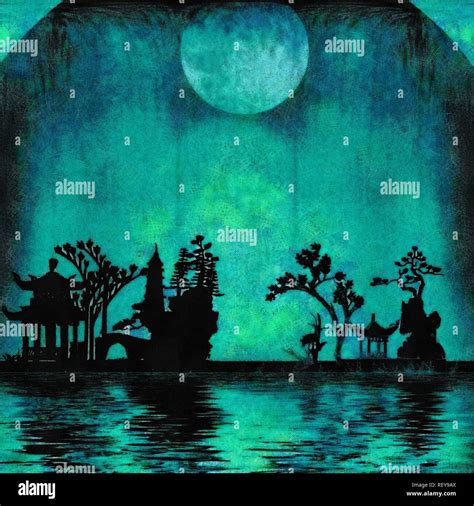 Asian Night Silhouettes Water Reflections Stock Photo Alamy