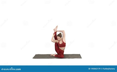 Sporty Yogi Girl Doing Fitness Practice Stretches Yoga Asana Parivritta Kraunchasana On White
