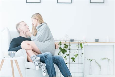 Woman Sitting On Man`s Laps Stock Image Image Of Marriage Lazy 83959865