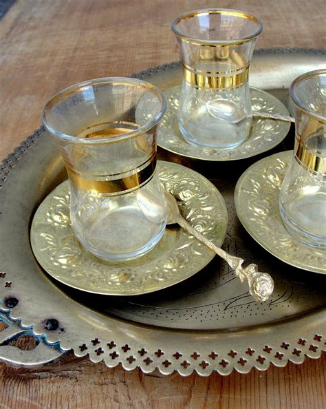 Vintage Turkish Brass Tea Set Brass Roses Teacups Saucers Spoons And
