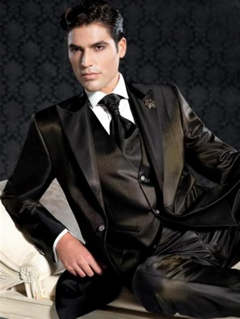 Guy In Shiny Black Satin Suit Prom Suits Men Suits Black Wedding Suits