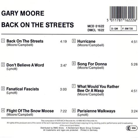 Carátula Interior Frontal De Gary Moore Back On The Streets Portada