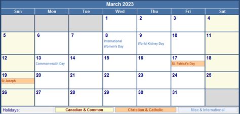 March 2023 Canada Calendar With Holidays For Printing Image Format