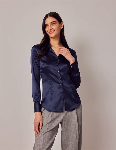 Womens Navy Fitted Satin Shirt Double Cuff Hawes And Curtis