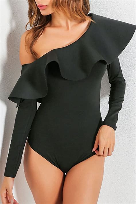 Black One Shoulder Ruffled Long Sleeve Sexy Bodysuit Womens Bodysuits Bodysuit Topsone Piece