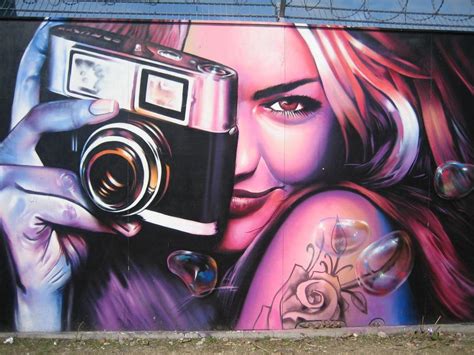 Girl With Camera On Street Graffiti Free Image Download