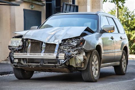 Crashed Car In Car Accident Broken Vehicle After Fatal Disaster Road