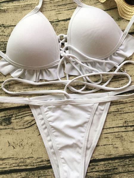 Women Bikini Swimsuit White Ruffles Strappy Lace Up Two