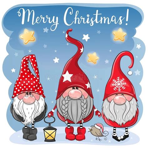 Three Cute Gnomes On A Blue Background Stock Illustration Christmas