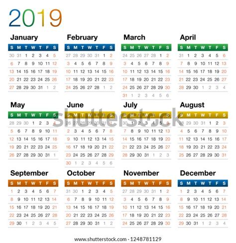 American Calendar 2019 Year Week Starts Stock Vector Royalty Free