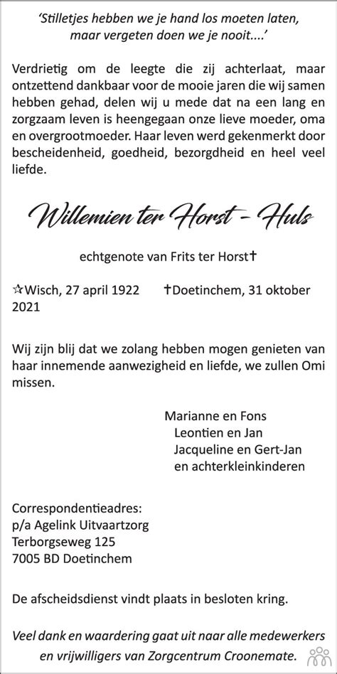 Willemien Ter Horst Huls Overlijdensbericht En Condoleances My XXX Hot Girl