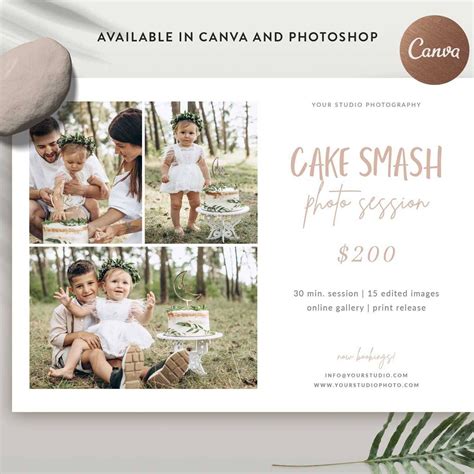 The Cake Smash Photo Session Flyer Is Shown With Photos And Text On It