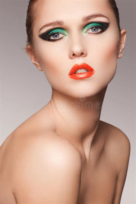 Close Up Beautiful Model Face With Fashion Make Up Stock