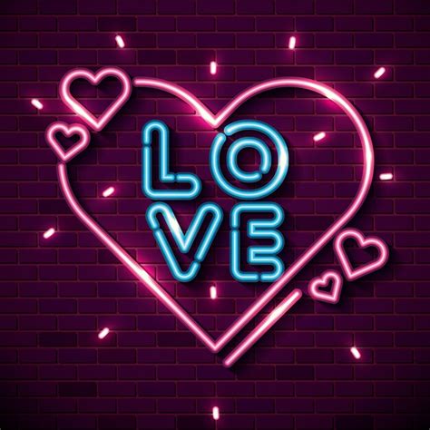 Premium Vector Lettering Of Love With Hearts Of Neon Lights Vector