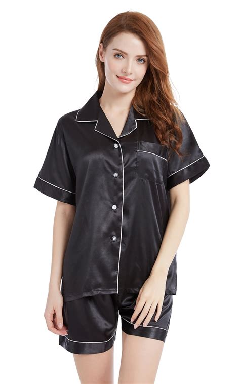 Womens Silk Satin Pajama Set Short Sleeve Black With White Piping